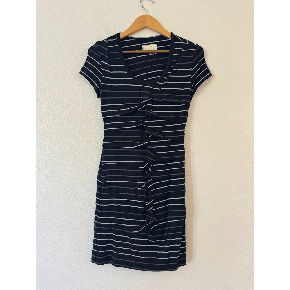 Artelier Nicole Miller Striped Ruffle Tiered Sheath Dress Size M Black Excellent